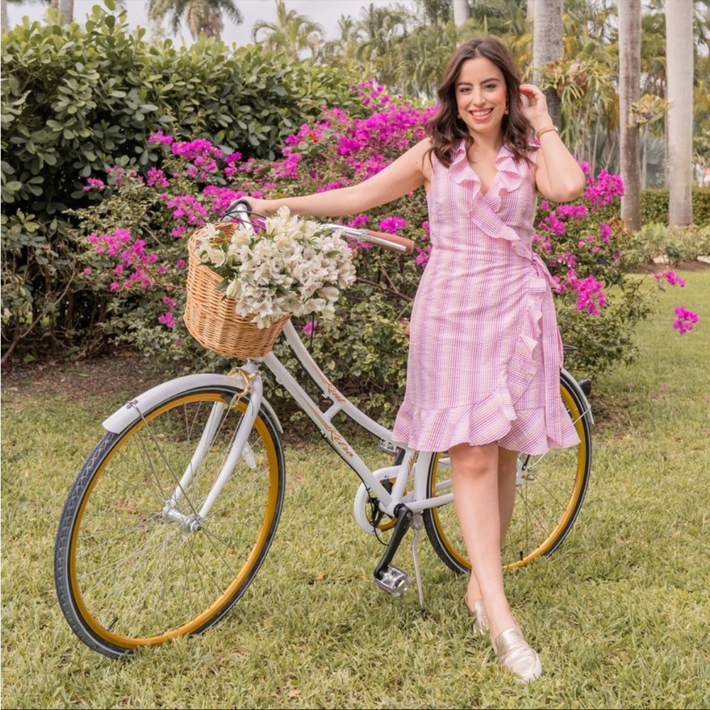 Draper James Reba Wrap Dress Pink Seersucker Stripes Ruffle Neckline Spring 4